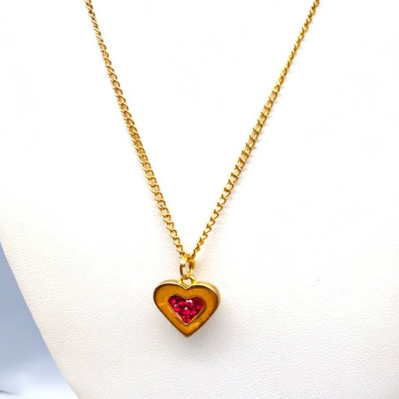 Sparkling Heart Pendant Necklace, Vintage Gold Tone Red Pave Crystals on Gold - Picture 1 of 4